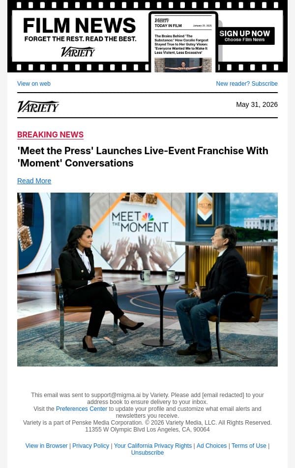 'Meet the Press' Launches Live-Event Franchise With 'Moment' Conversations email from Variety screenshot