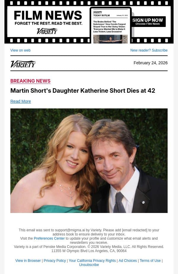 Martin Short's Daughter Katherine Short Dies at 42 email from Variety screenshot