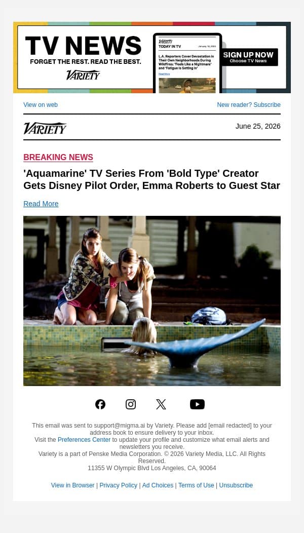 'Aquamarine' TV Series From 'Bold Type' Creator Gets Disney Pilot Order, Emma Roberts to Guest Star email from Variety screenshot
