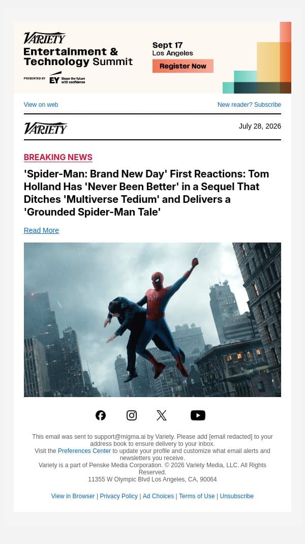 'Spider-Man: Brand New Day' First Reactions: Tom Holland Has 'Never Been Better' in a Sequel That Ditches 'Multiverse Tedium' and Delivers a 'Grounded Spider-Man Tale' email from Variety screenshot