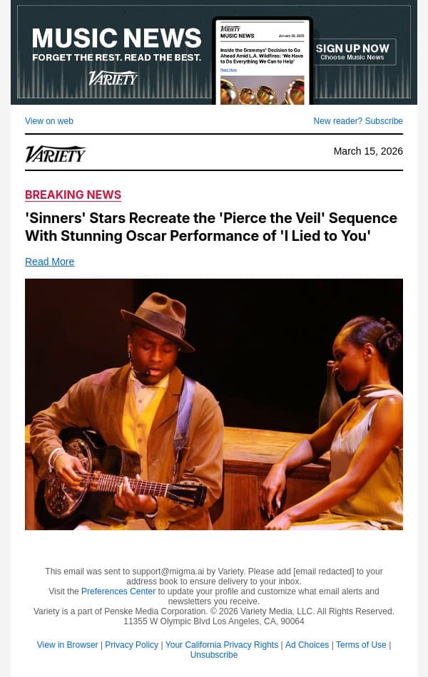 'Sinners' Stars Recreate the 'Pierce the Veil' Sequence With Stunning Oscar Performance of 'I Lied to You' email from Variety screenshot