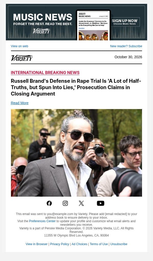 Russell Brand's Defense in Rape Trial Is 'A Lot of Half-Truths, but Spun Into Lies,' Prosecution Claims in Closing Argument email from Variety screenshot
