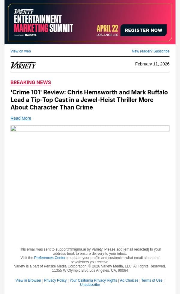 'Crime 101' Review: Chris Hemsworth and Mark Ruffalo Lead a Tip-Top Cast in a Jewel-Heist Thriller More About Character Than Crime email from Variety screenshot