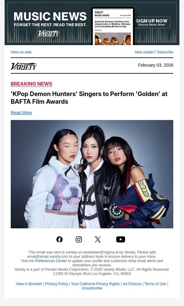 'KPop Demon Hunters' Singers to Perform 'Golden' at BAFTA Film Awards email from Variety screenshot