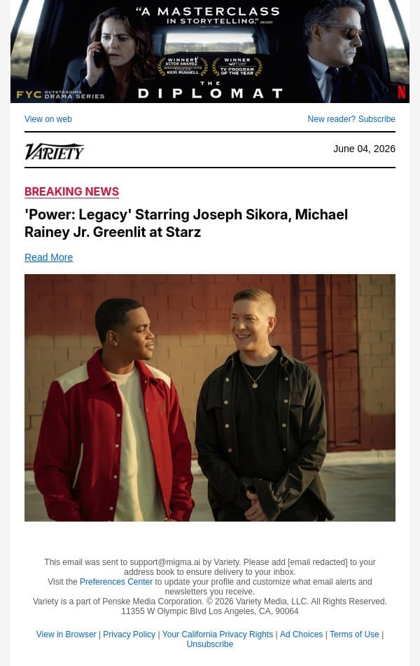 'Power: Legacy' Starring Joseph Sikora, Michael Rainey Jr. Greenlit at Starz email from Variety screenshot