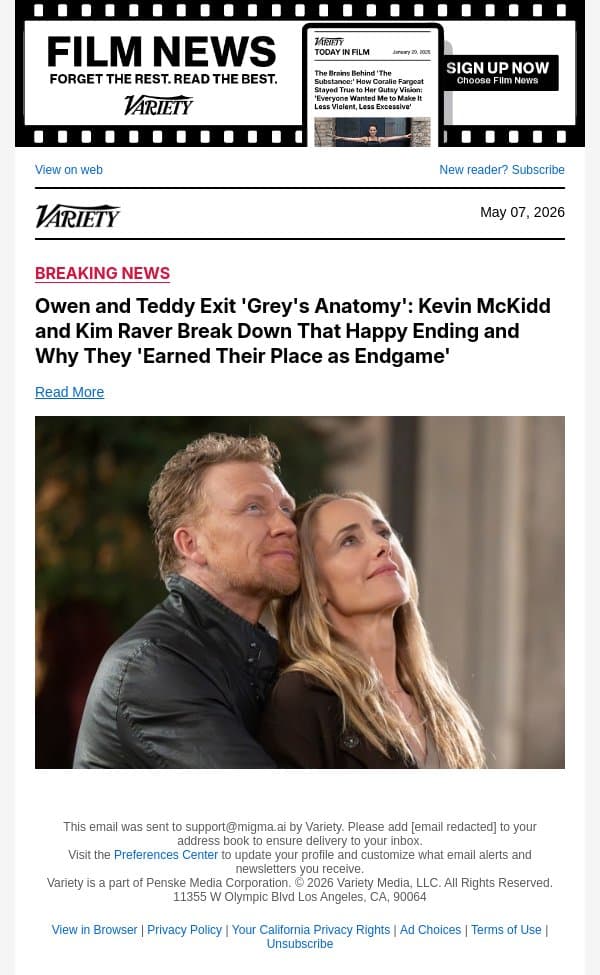 Owen and Teddy Exit 'Grey's Anatomy': Kevin McKidd and Kim Raver Break Down That Happy Ending and Why They 'Earned Their Place as Endgame' email from Variety screenshot