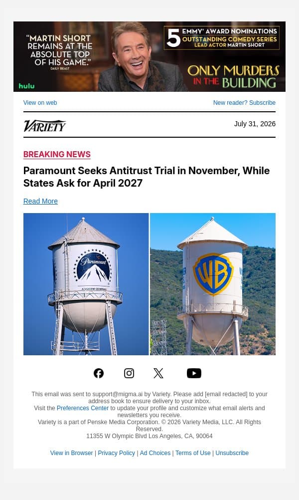 Paramount Seeks Antitrust Trial in November, While States Ask for April 2027 email from Variety screenshot