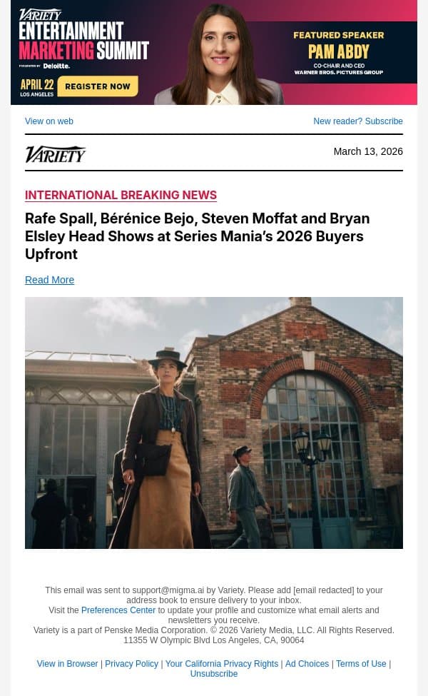 Rafe Spall, Bérénice Bejo, Steven Moffat and Bryan Elsley Head Shows at Series Mania’s 2026 Buyers Upfront email from Variety screenshot