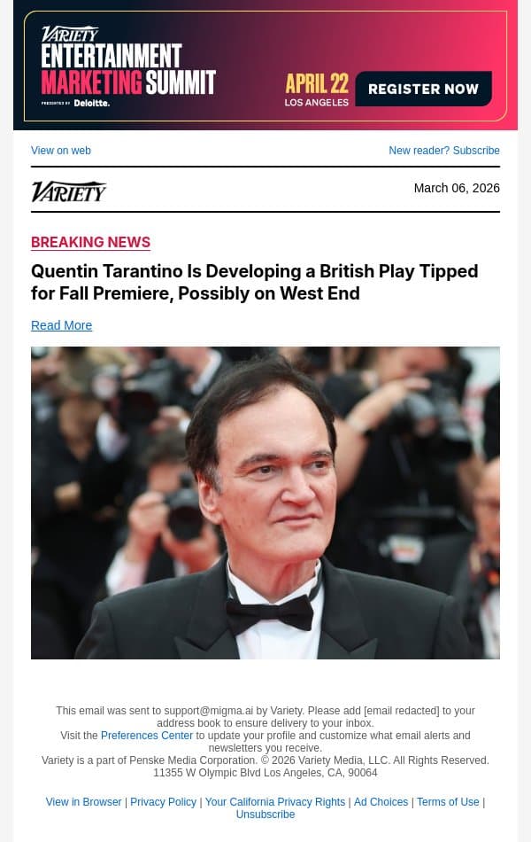 Quentin Tarantino Is Developing a British Play Tipped for Fall Premiere, Possibly on West End email from Variety screenshot