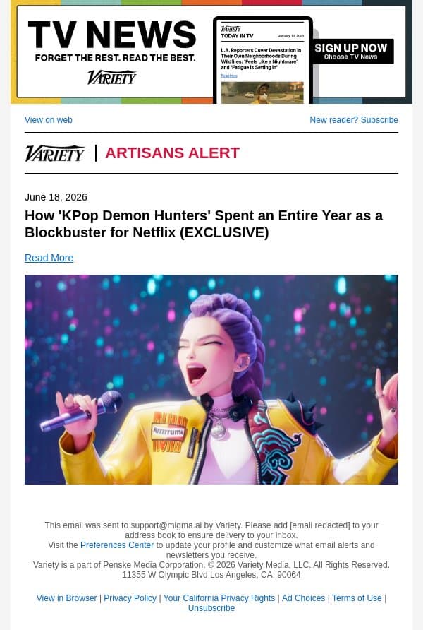 How 'KPop Demon Hunters' Spent an Entire Year as a Blockbuster for Netflix (EXCLUSIVE) email from Variety screenshot