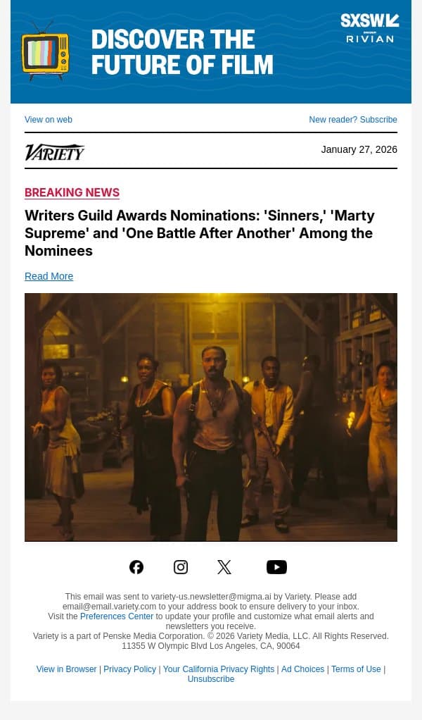 Writers Guild Awards Nominations: 'Sinners,' 'Marty Supreme' and 'One Battle After Another' Among the Nominees email from Variety screenshot