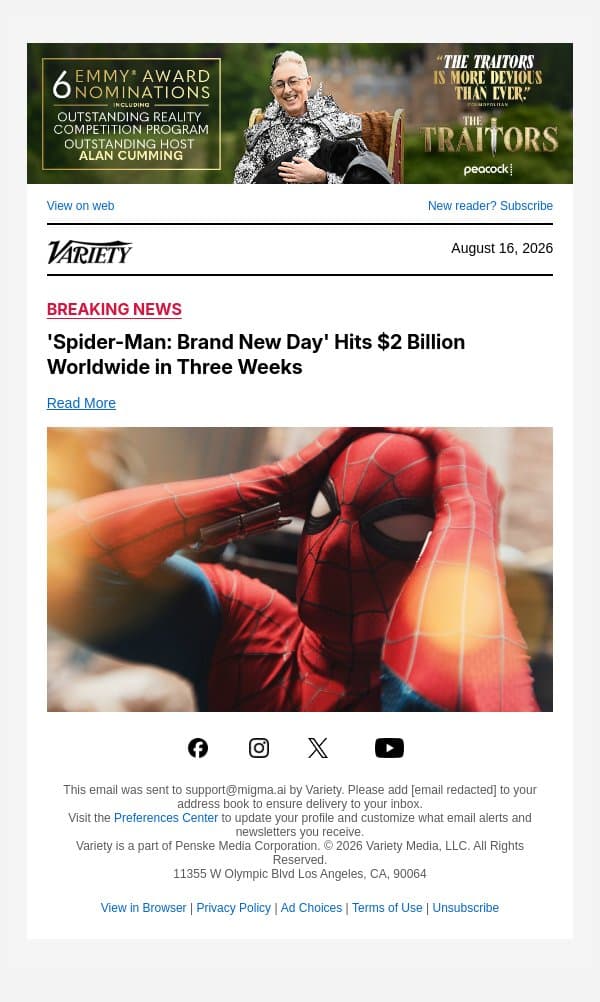 'Spider-Man: Brand New Day' Hits $2 Billion Worldwide in Three Weeks email from Variety screenshot