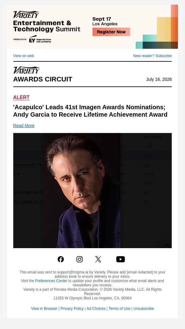 'Acapulco' Leads 41st Imagen Awards Nominations; Andy Garcia to Receive Lifetime Achievement Award email from Variety screenshot