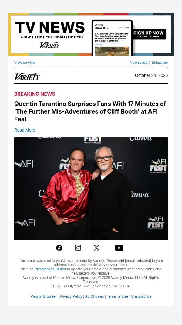 Quentin Tarantino Surprises Fans With 17 Minutes of ‘The Further Mis-Adventures of Cliff Booth’ at AFI Fest email from Variety screenshot