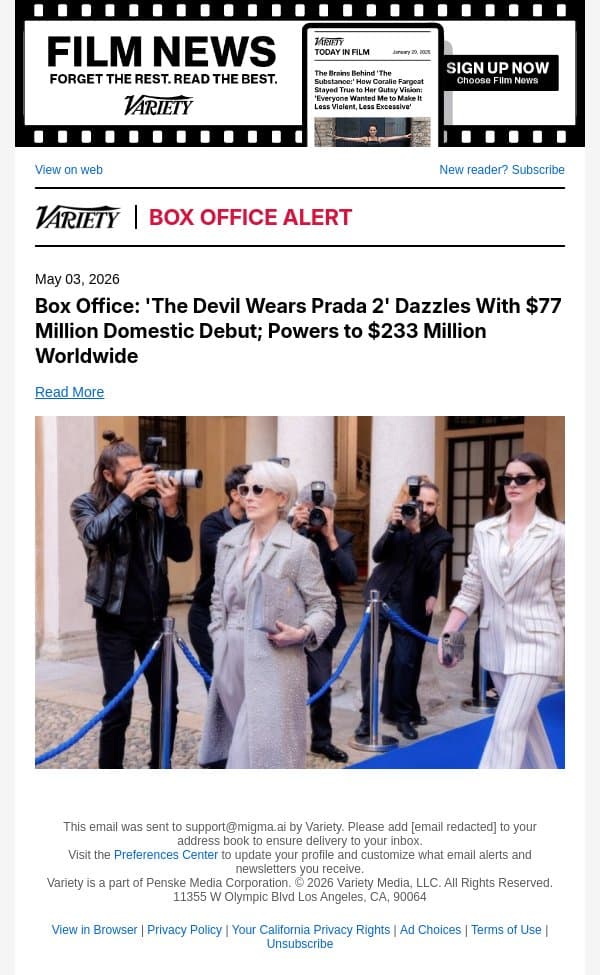 Box Office: 'The Devil Wears Prada 2' Dazzles With $77 Million Domestic Debut; Powers to $233 Million Worldwide email from Variety screenshot