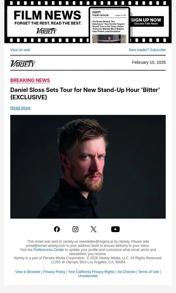 Daniel Sloss Sets Tour for New Stand-Up Hour 'Bitter' (EXCLUSIVE) email from Variety screenshot