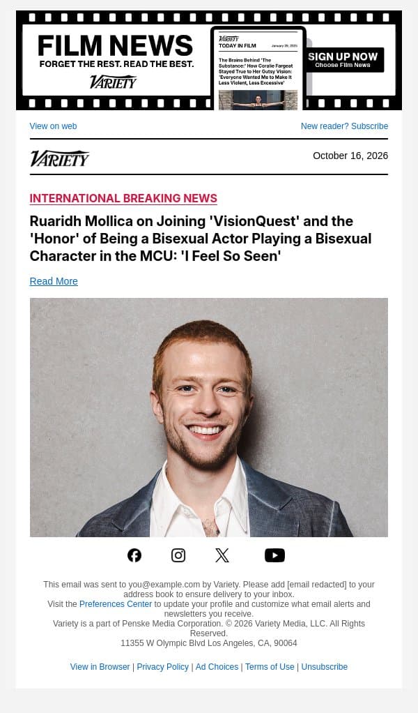 Ruaridh Mollica on Joining 'VisionQuest' and the 'Honor' of Being a Bisexual Actor Playing a Bisexual Character in the MCU: 'I Feel So Seen' email from Variety screenshot