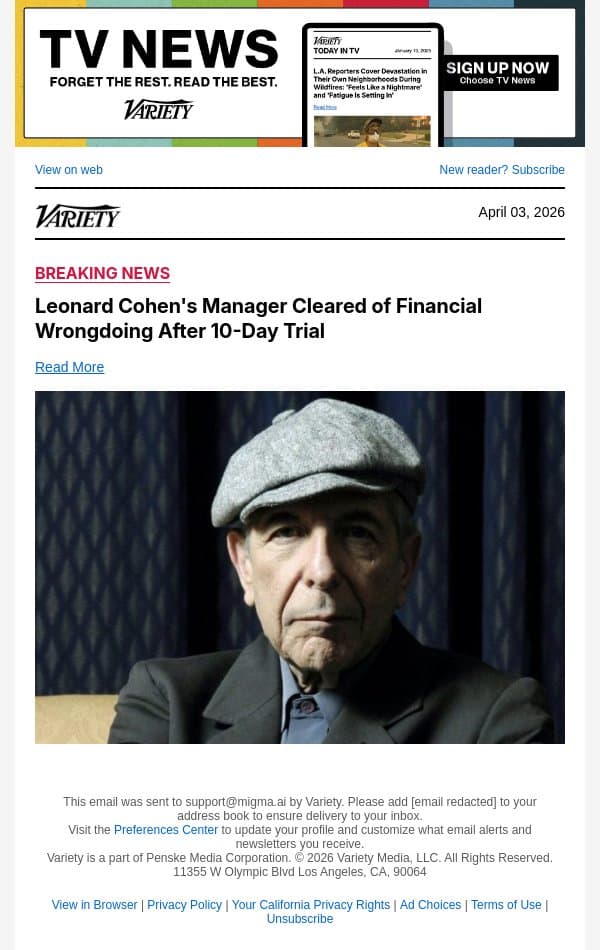 Leonard Cohen's Manager Cleared of Financial Wrongdoing After 10-Day Trial email from Variety screenshot