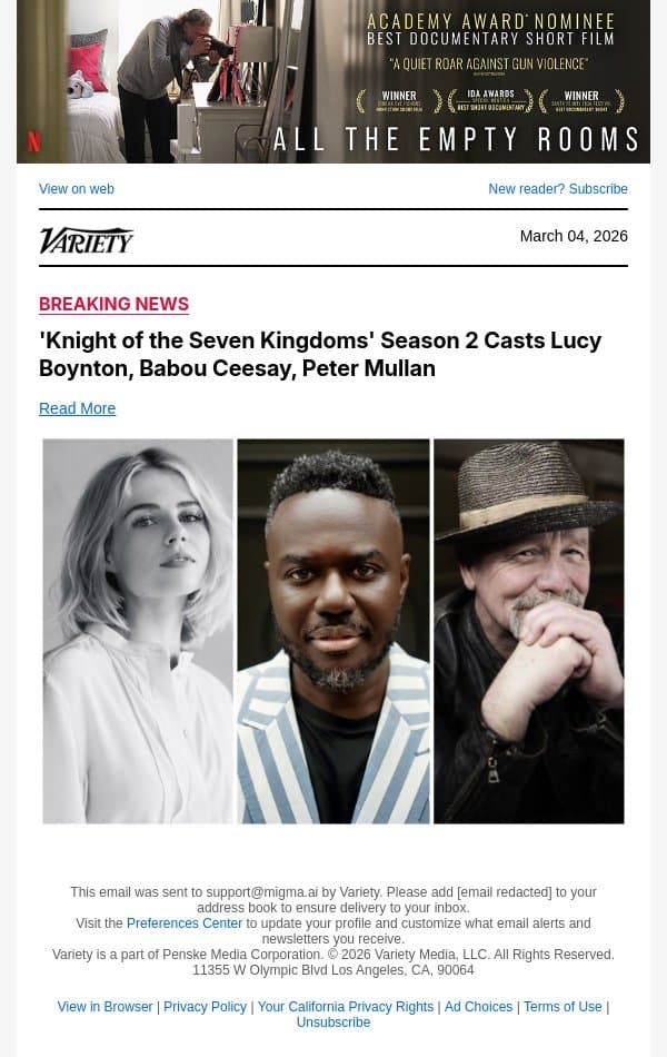 'Knight of the Seven Kingdoms' Season 2 Casts Lucy Boynton, Babou Ceesay, Peter Mullan email from Variety screenshot