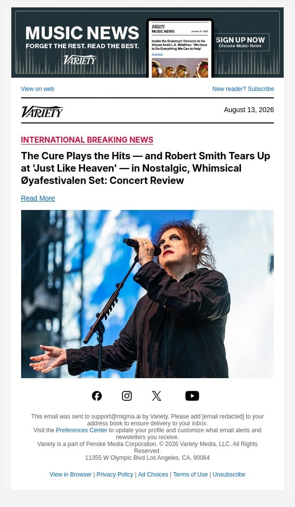 The Cure Plays the Hits — and Robert Smith Tears Up at 'Just Like Heaven' — in Nostalgic, Whimsical Øyafestivalen Set: Concert Review email from Variety screenshot