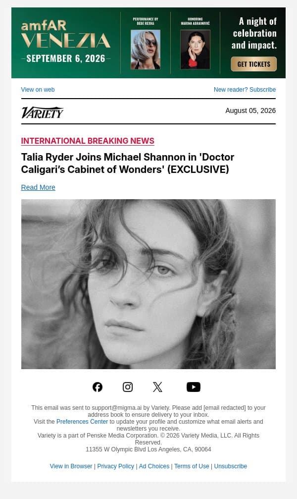 Talia Ryder Joins Michael Shannon in 'Doctor Caligari’s Cabinet of Wonders' (EXCLUSIVE) email from Variety screenshot