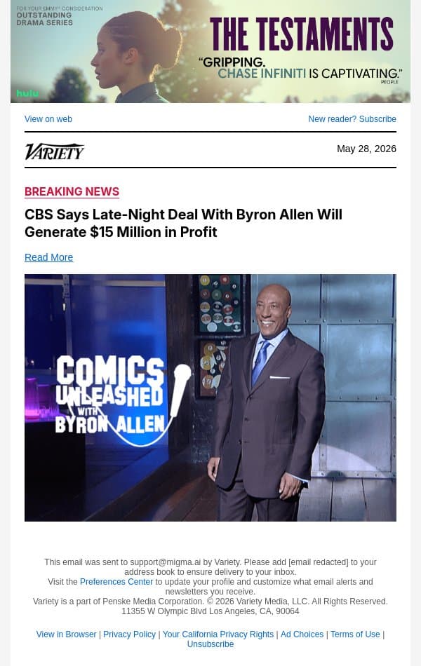 CBS Says Late-Night Deal With Byron Allen Will Generate $15 Million in Profit email from Variety screenshot