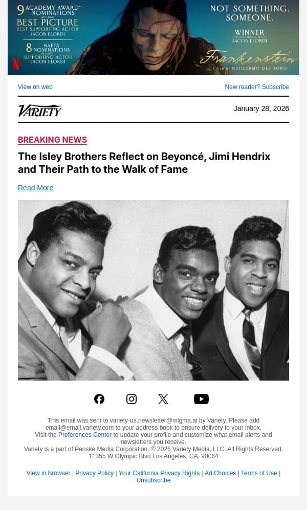 The Isley Brothers Reflect on Beyoncé, Jimi Hendrix and Their Path to the Walk of Fame email from Variety screenshot