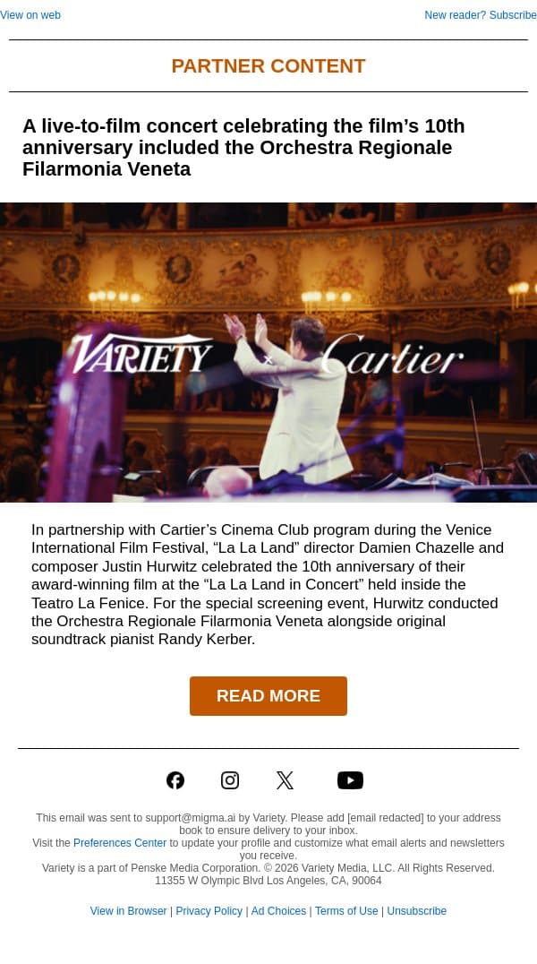 ‘La La Land’ Shines Again at Venice Film Festival With Performance Led by Justin Hurwitz, Presented by Cartier email from Variety screenshot