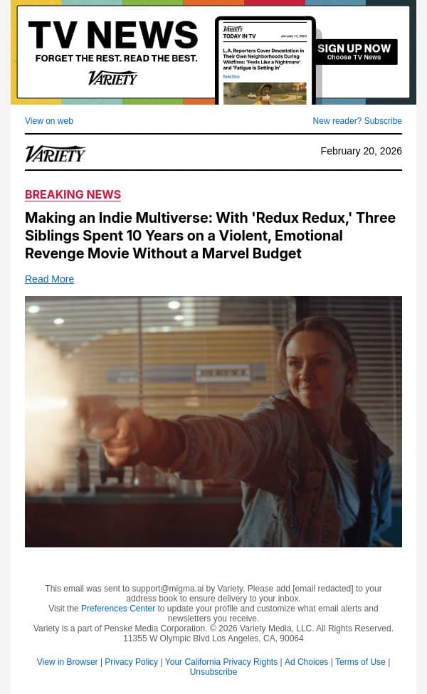 Making an Indie Multiverse: With 'Redux Redux,' Three Siblings Spent 10 Years on a Violent, Emotional Revenge Movie Without a Marvel Budget email from Variety screenshot