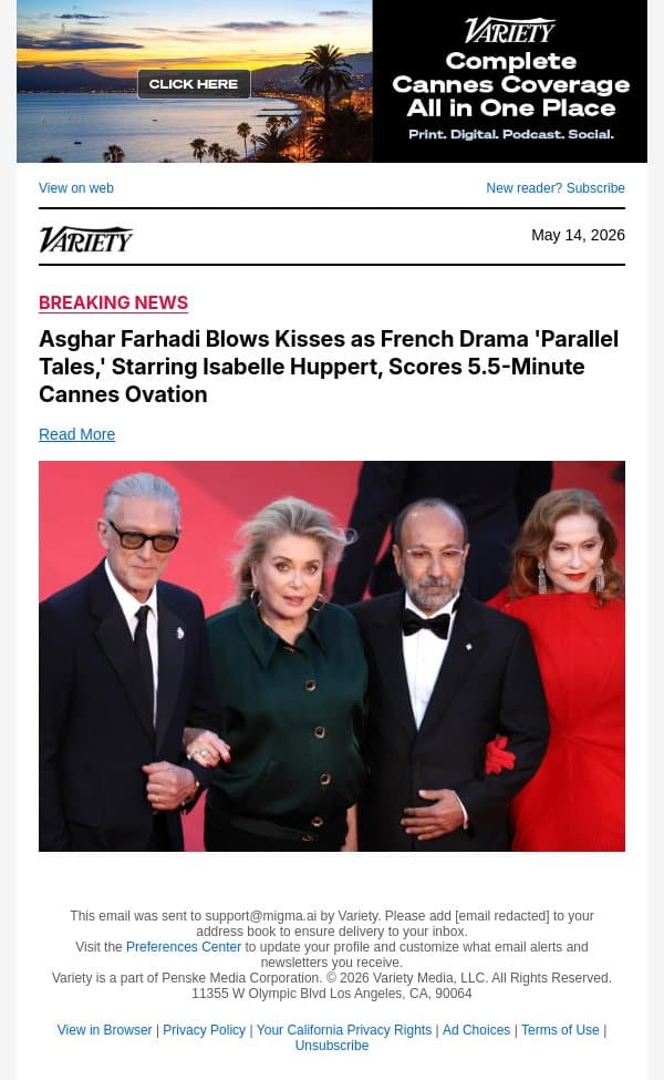 Asghar Farhadi Blows Kisses as French Drama 'Parallel Tales,' Starring Isabelle Huppert, Scores 5.5-Minute Cannes Ovation email from Variety screenshot