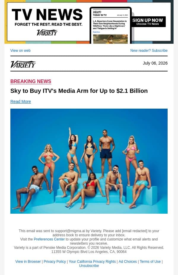 Sky to Buy ITV's Media Arm for Up to $2.1 Billion email from Variety screenshot