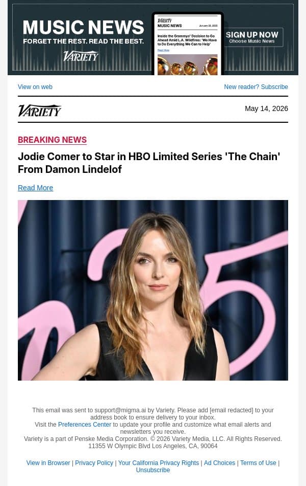 Jodie Comer to Star in HBO Limited Series 'The Chain' From Damon Lindelof email from Variety screenshot