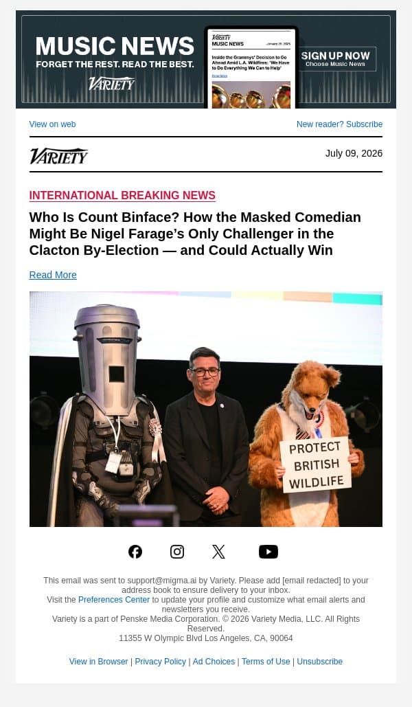 Who Is Count Binface? How the Masked Comedian Might Be Nigel Farage’s Only Challenger in the Clacton By-Election — and Could Actually Win email from Variety screenshot