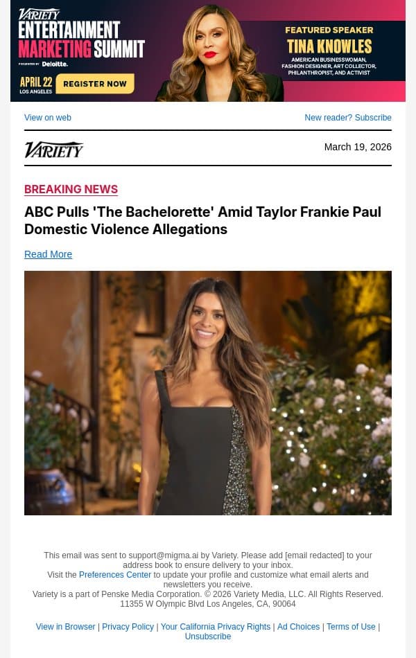 ABC Pulls 'The Bachelorette' Amid Taylor Frankie Paul Domestic Violence Allegations email from Variety screenshot