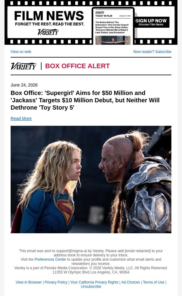 Box Office: 'Supergirl' Aims for $50 Million and 'Jackass' Targets $10 Million Debut, but Neither Will Dethrone 'Toy Story 5' email from Variety screenshot