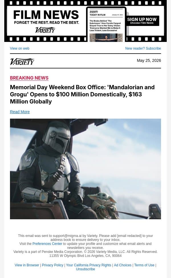 Memorial Day Weekend Box Office: 'Mandalorian and Grogu' Opens to $100 Million Domestically, $163 Million Globally email from Variety screenshot