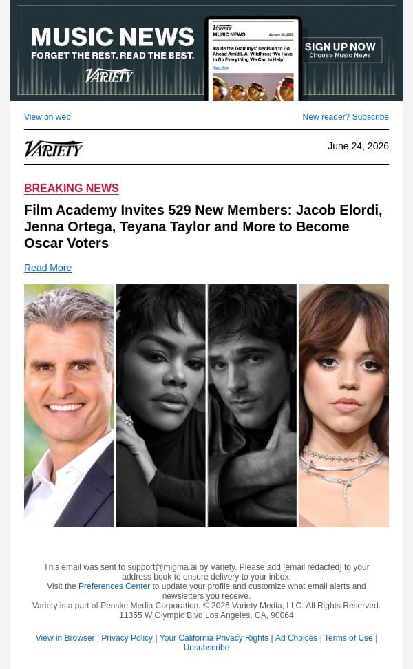 Film Academy Invites 529 New Members: Jacob Elordi, Jenna Ortega, Teyana Taylor and More to Become Oscar Voters email from Variety screenshot