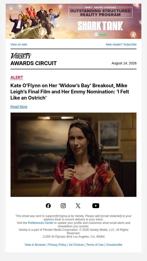 Kate O’Flynn on Her ‘Widow’s Bay’ Breakout, Mike Leigh’s Final Film and Her Emmy Nomination: ‘I Felt Like an Ostrich’ email from Variety screenshot