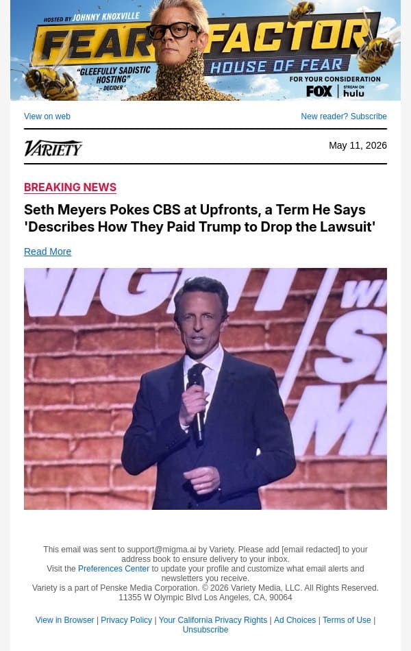 Seth Meyers Pokes CBS at Upfronts, a Term He Says 'Describes How They Paid Trump to Drop the Lawsuit' email from Variety screenshot