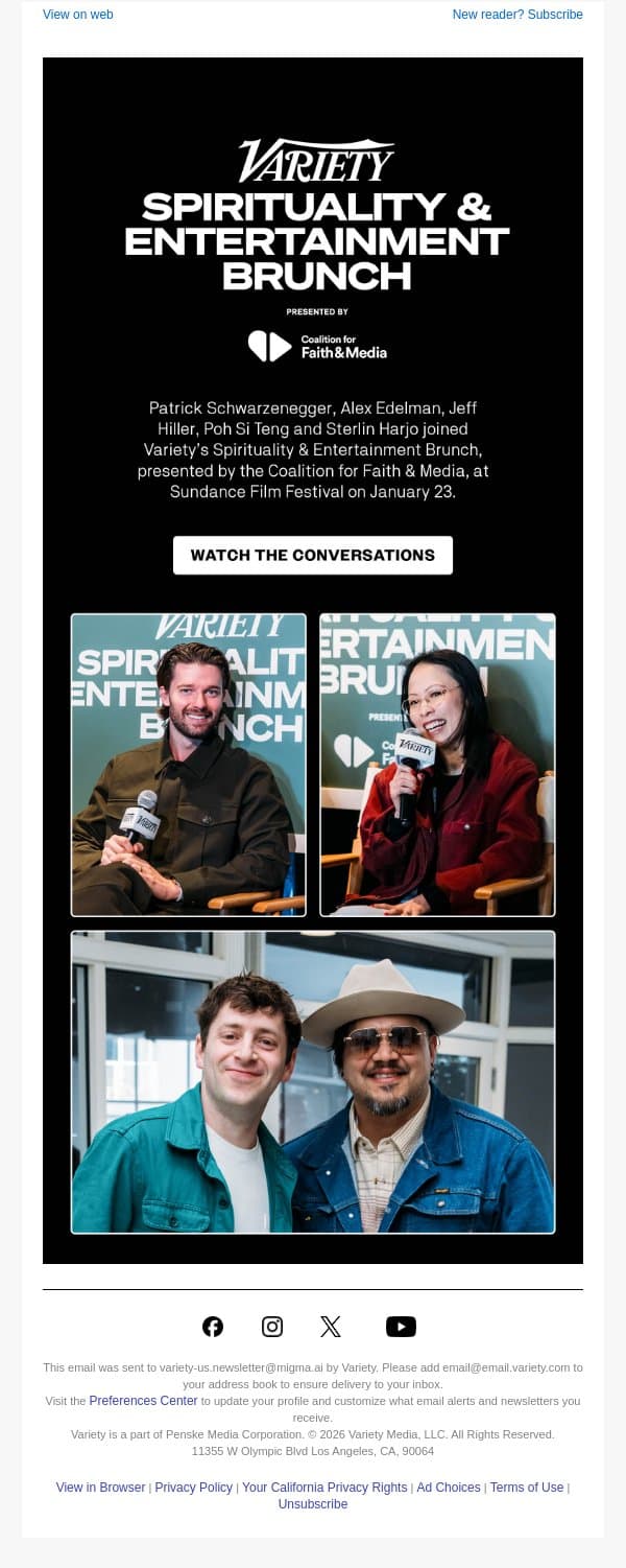 Watch the Conversations - Patrick Schwarzenegger Says Being ‘A Man of Faith’ & Praying With His Wife Helps Him Navigate Hollywood Challenges email from Variety screenshot