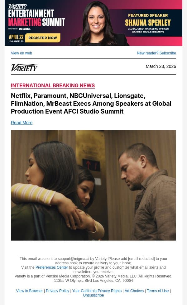 Netflix, Paramount, NBCUniversal, Lionsgate, FilmNation, MrBeast Execs Among Speakers at Global Production Event AFCI Studio Summit email from Variety screenshot