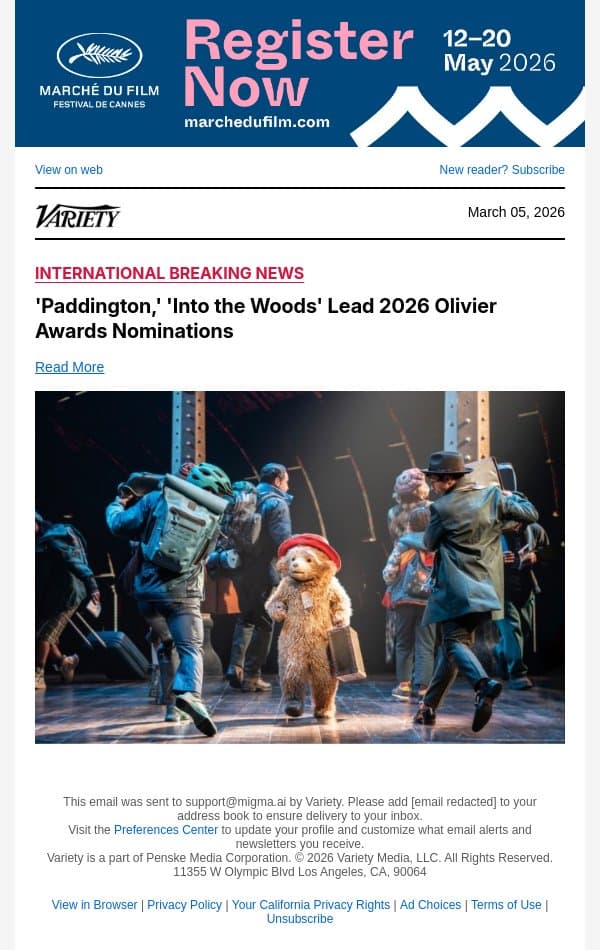 'Paddington,' 'Into the Woods' Lead 2026 Olivier Awards Nominations email from Variety screenshot