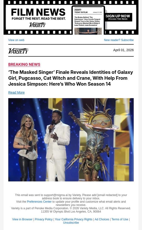 ‘The Masked Singer’ Finale Reveals Identities of Galaxy Girl, Pugcasso, Cat Witch and Crane, With Help From Jessica Simpson: Here’s Who Won Season 14 email from Variety screenshot