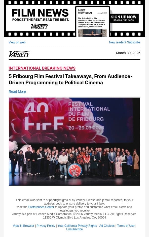 5 Fribourg Film Festival Takeaways, From Audience-Driven Programming to Political Cinema email from Variety screenshot