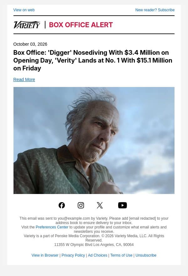 Box Office: 'Digger' Nosediving With $3.4 Million on Opening Day, 'Verity' Lands at No. 1 With $15.1 Million on Friday email from Variety screenshot