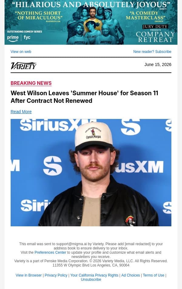 West Wilson Leaves 'Summer House' for Season 11 After Contract Not Renewed email from Variety screenshot