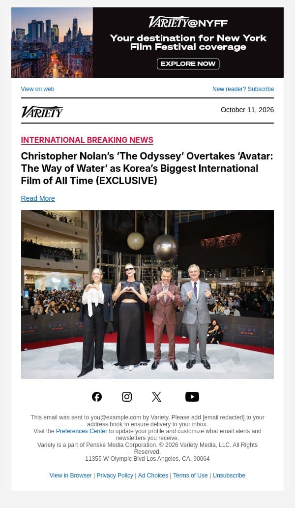 Christopher Nolan’s ‘The Odyssey’ Overtakes ‘Avatar: The Way of Water’ as Korea’s Biggest International Film of All Time (EXCLUSIVE) email from Variety screenshot