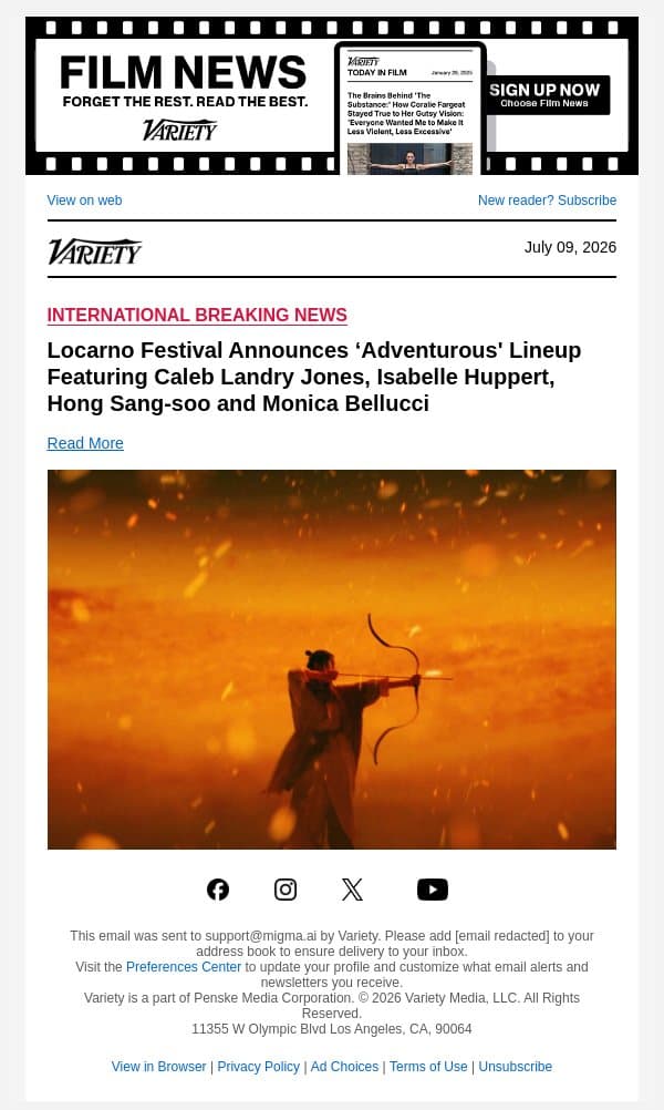 Locarno Festival Announces ‘Adventurous' Lineup Featuring Caleb Landry Jones, Isabelle Huppert, Hong Sang-soo and Monica Bellucci email from Variety screenshot
