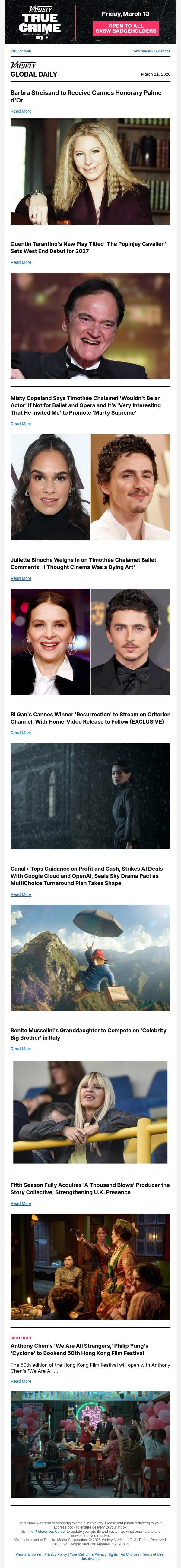 Barbra Streisand's Cannes Honor; Quentin Tarantino Confirms New Play; Timothée Chalamet Ballet Fallout Continues email from Variety screenshot