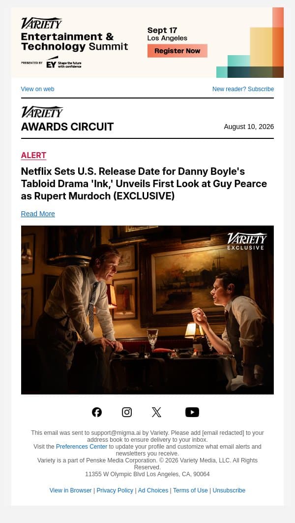 Netflix Sets U.S. Release Date for Danny Boyle's Tabloid Drama 'Ink,' Unveils First Look at Guy Pearce as Rupert Murdoch (EXCLUSIVE) email from Variety screenshot